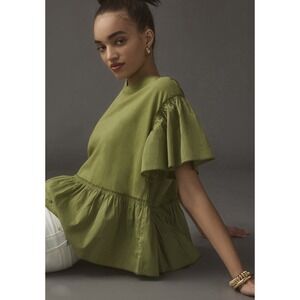 Anthropologie Size Small Olive Green Cotton Ruffle Sleeve Baby Doll Top